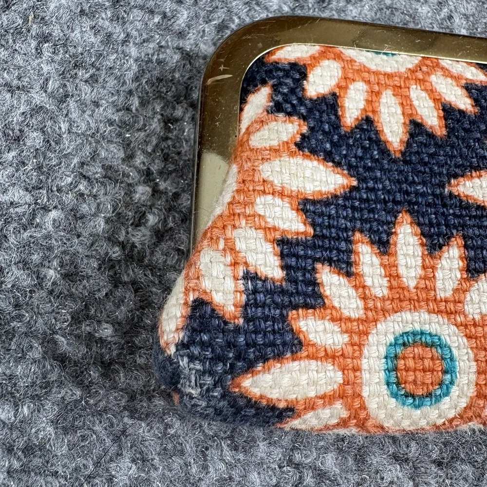 Spartina 449 Eyeglass Case Floral Linen Leather Clamshell Kiss Lock Navy Orange